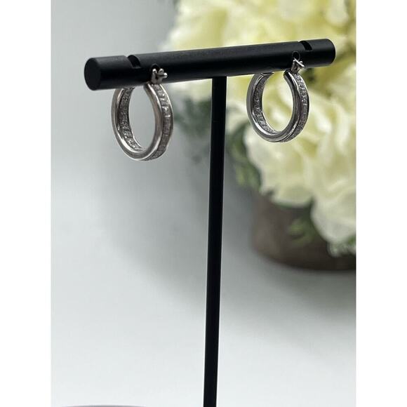 Designer HAN 925 Sterling Silver Pave Glitter Inside Outside Hoop Earrings - Picture 7 of 15